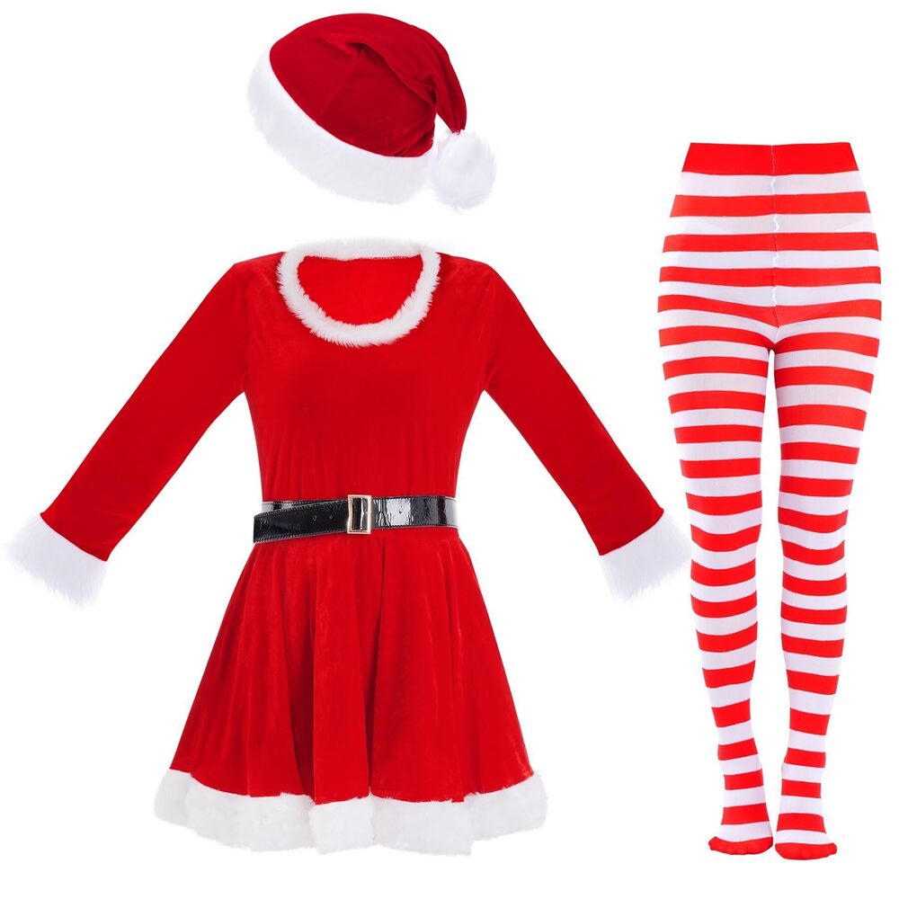 8674 4 Pcs Mrs Claus Costume Santa Velvet Dress with Belt Hat Striped